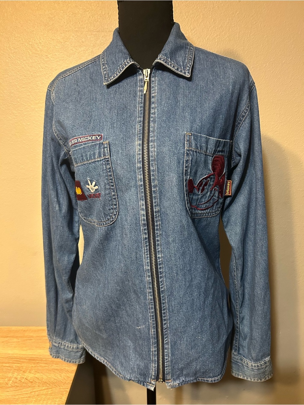 Vintage Disney Catalog Forever Mickey Denim Zip Jacket Embroidered Size S 90s